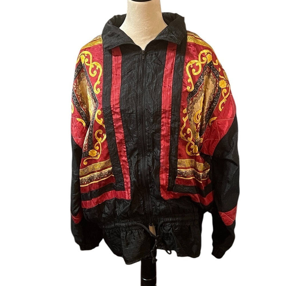 Lauren Brooke Windbreaker Jacket Size 2X Vintage 90s Black Red and Gold